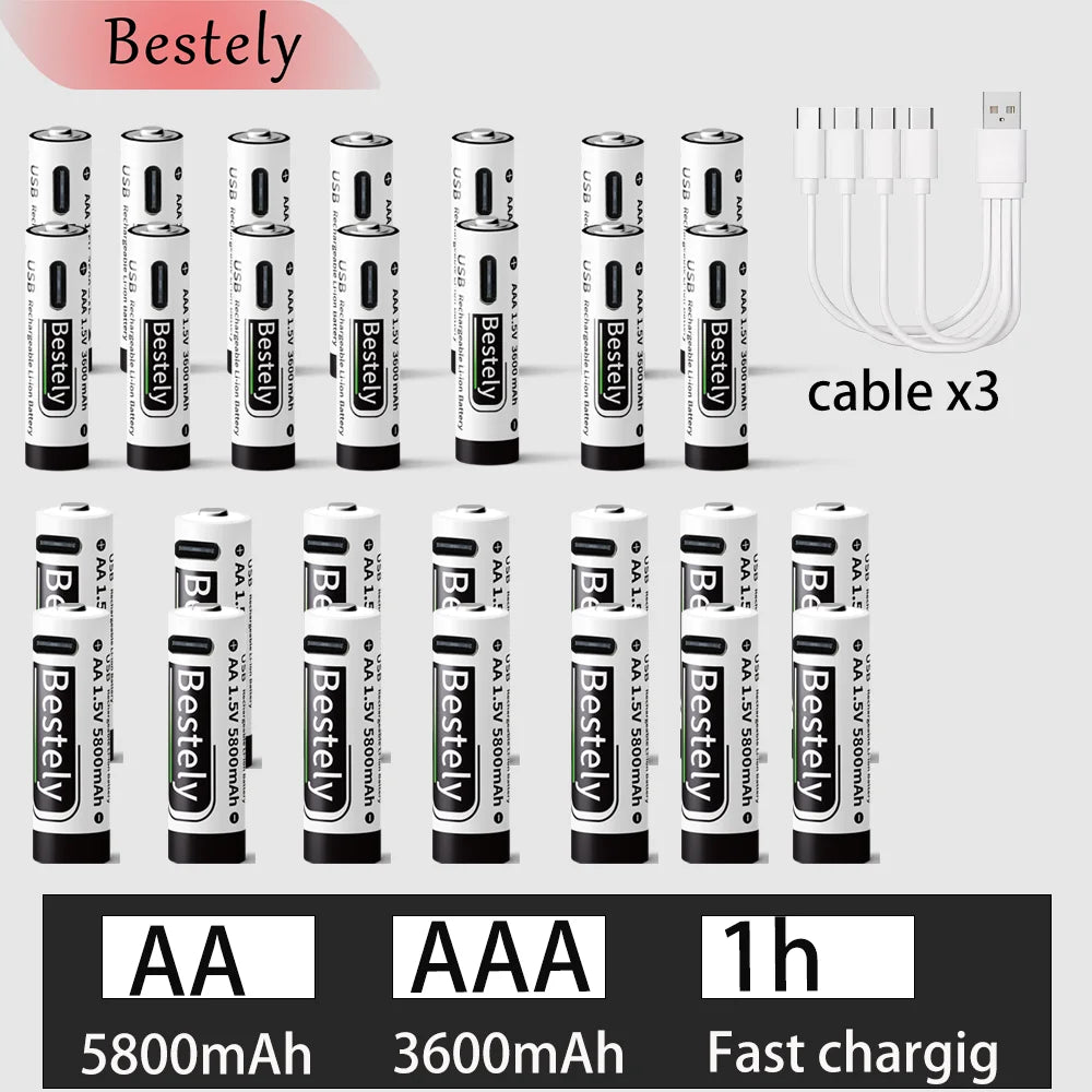 New 1.5V AA 5800mAh+AAA 3600mAh Lithium rechargeable Battery,USB Fast Charging Li-ion Battery , 2000 Cycles with USB- C Cable Oasis Select 14AA 14AAA