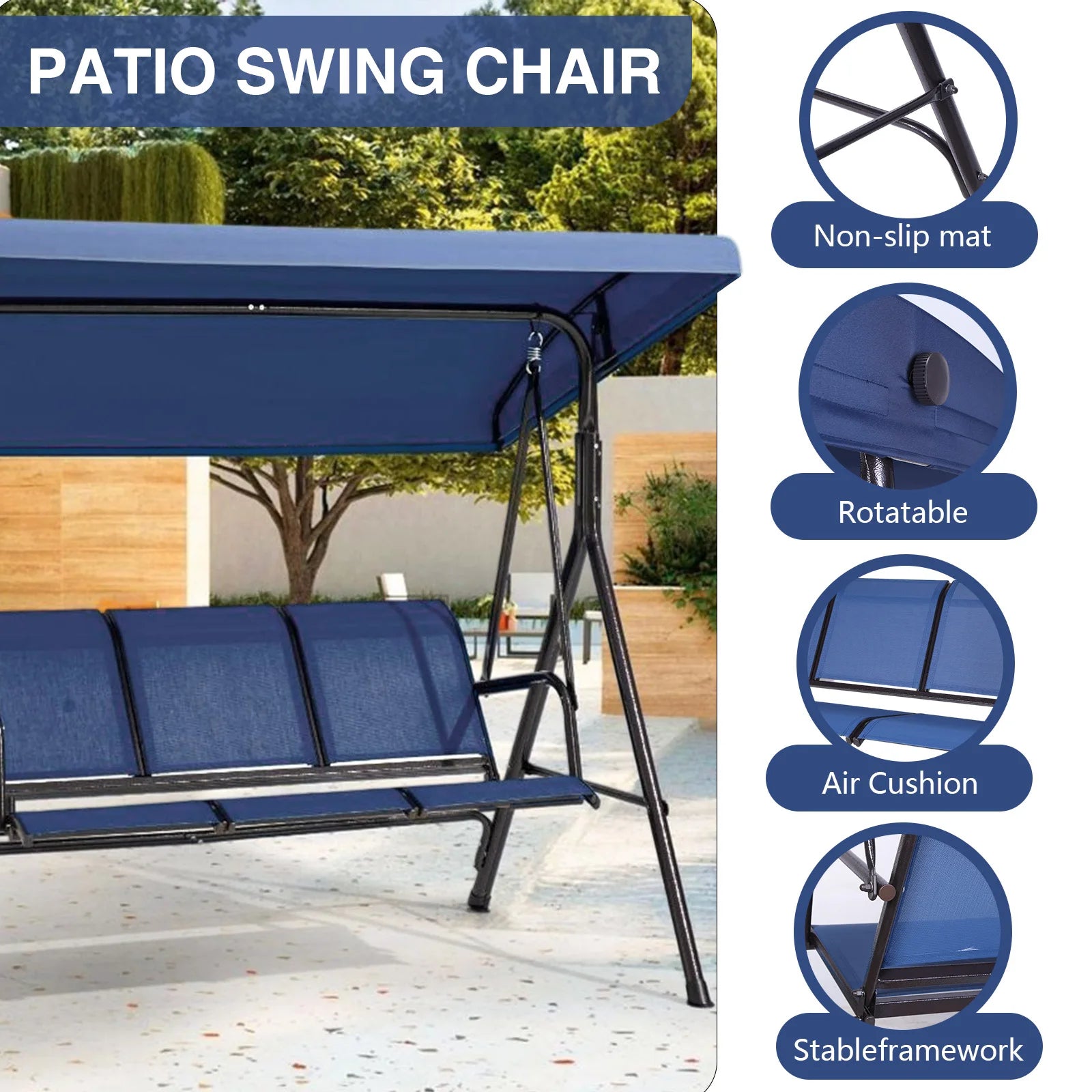3-Seat Patio Porch Swing for Family Poolside Balcony Backyard W/ Adjustable Canopy Patio Swing Bench All Season Use for Outside Oasis Select