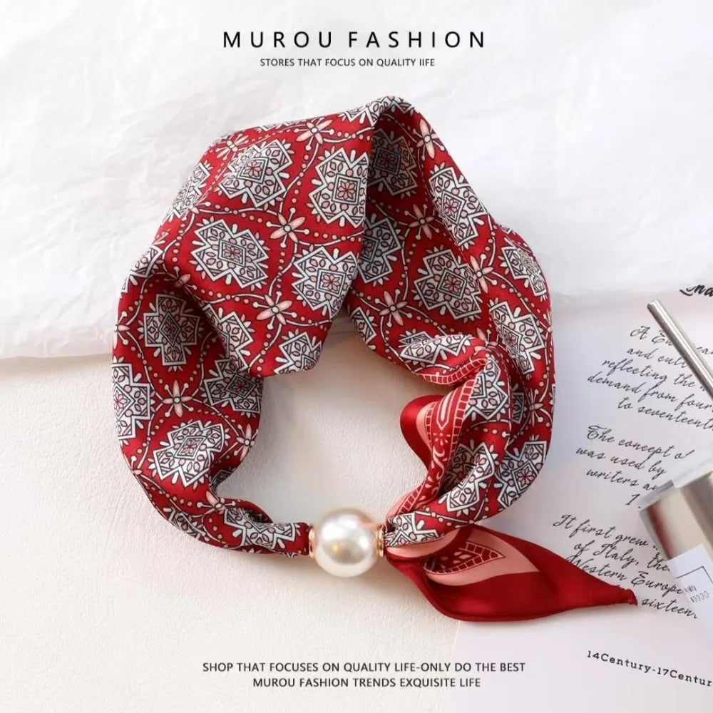 Elegant Breathable Silk Scarf Pearl Buckle Printed Magnetic Snap Scarf Lightweight Thin Faux Pearl Scarf for Women Accessories Oasis Select 07