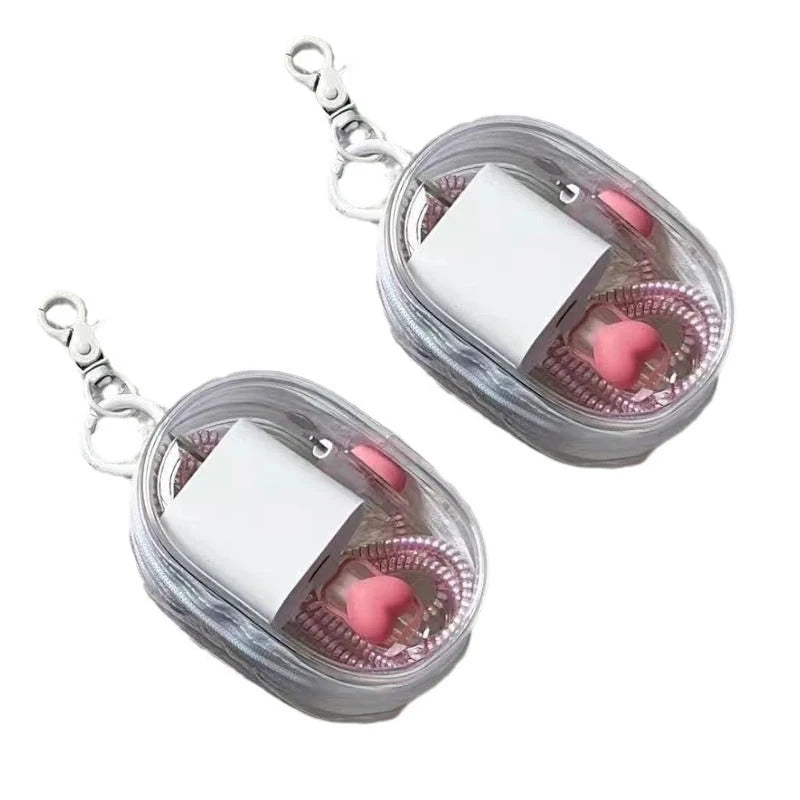 Portable Mini Transparent Storage Bag with Zipper, Multifunctional Headphone and Charger Case, Travel Accessories with Keychain Oasis Select 2pcs white