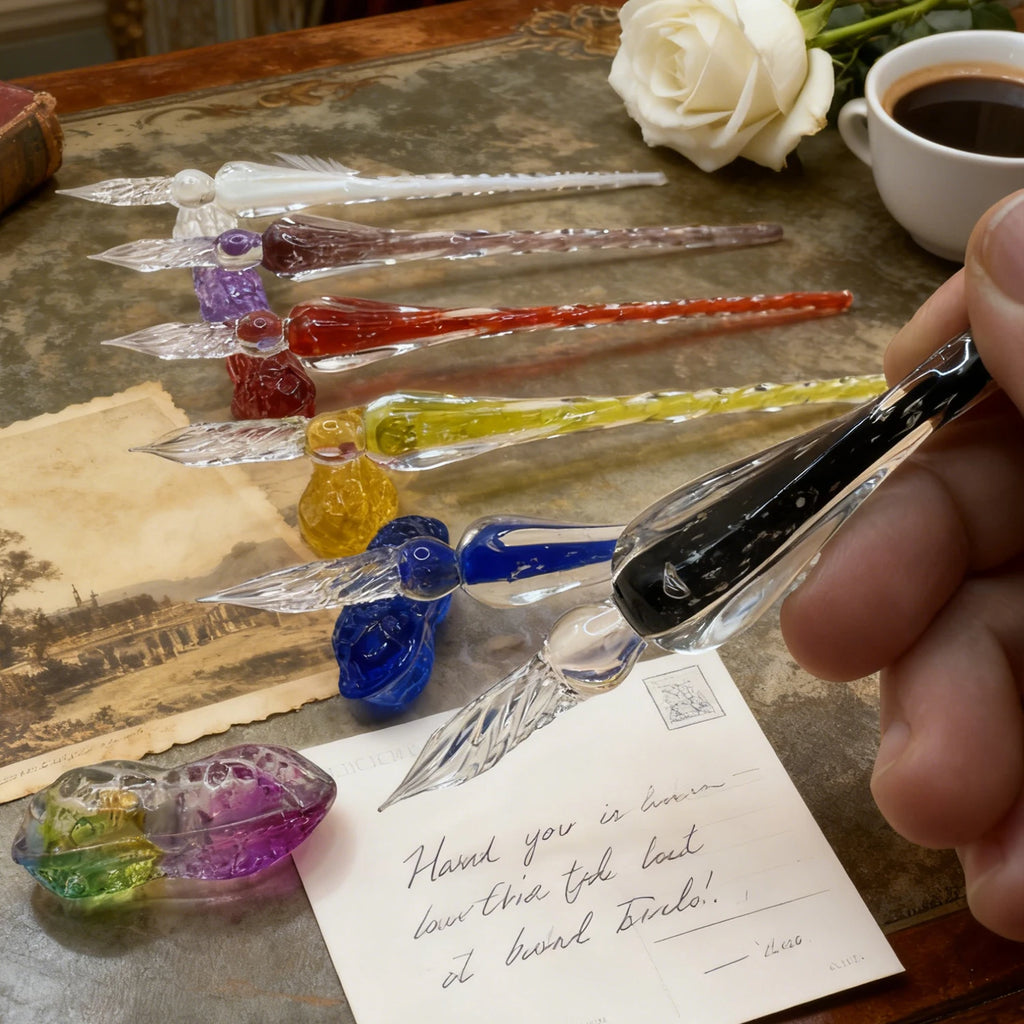 Handmade glass dip pen, Christmas crystal glass signature calligraphy vintage dip pen with peanut-shaped pen holder, ideal gift. Oasis Select