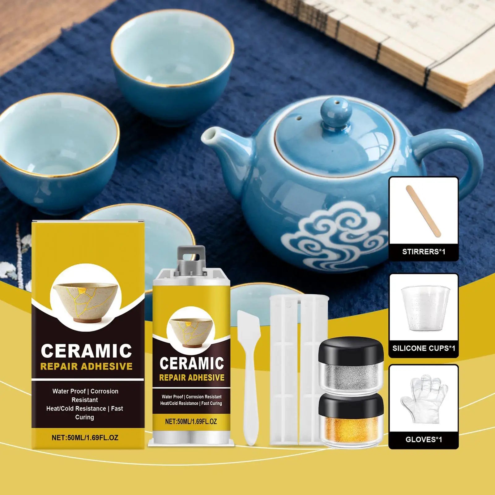 Kintsugi Repair Kit Broken Ceramics Glass Repair Glue Kit Adhesive Food Safe for Bathtub Vanity Plate Art Craft Figurines Oasis Select