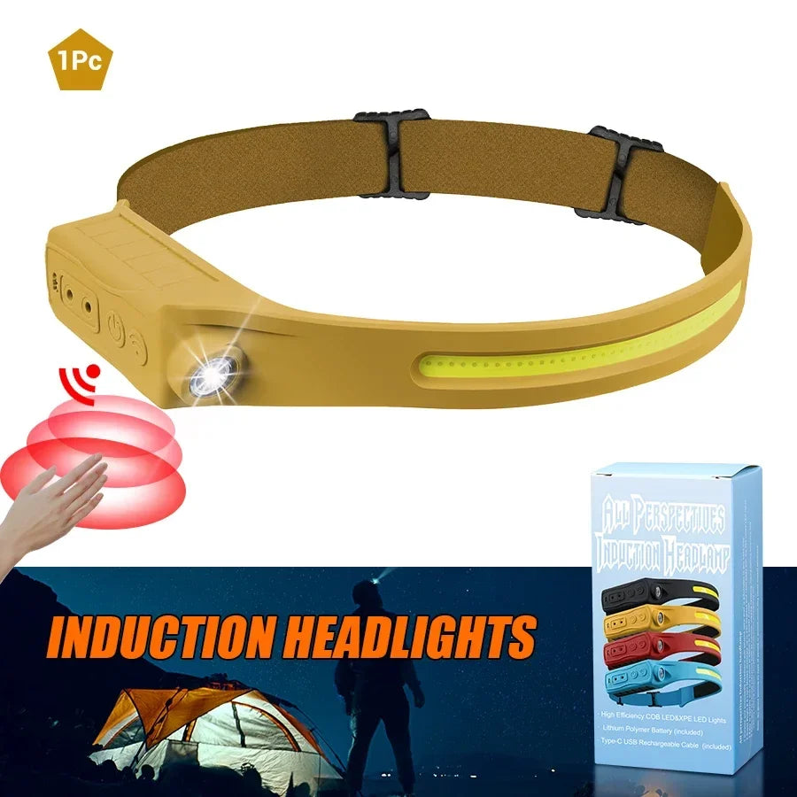 Powerful COB LED Induction Headlamp Built-in Battery USB Rechargeable Head Flashlight Outdoor Camping Fishing Riding Headlight Oasis Select Yellow 1PC