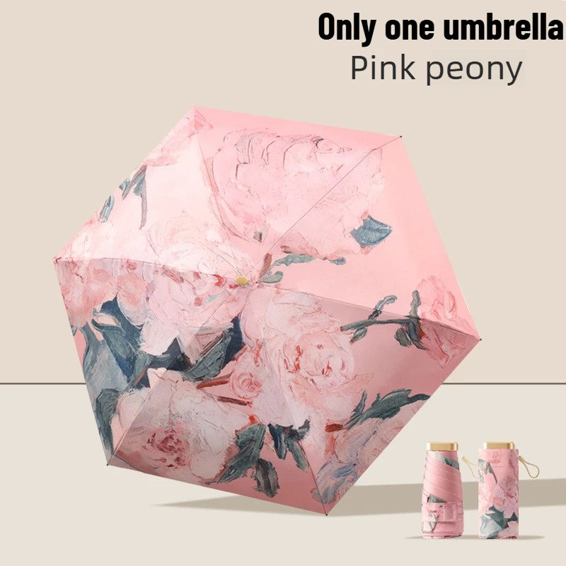 Ultra Slim 5-Fold Oil Painting Umbrella Chinese Style Portable Black Glue UV Protection Sun & Rain Dual Use Manual Parasol Oasis Select Pink peony iron 6K