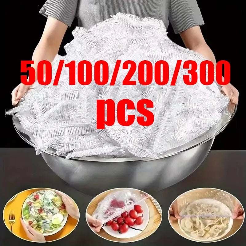 50/100/200/300pcs Food Grade Plastic Wrap Cover Disposable Household Plastic Wrap Cover With Elastic Cover Food Keeping Film Oasis Select