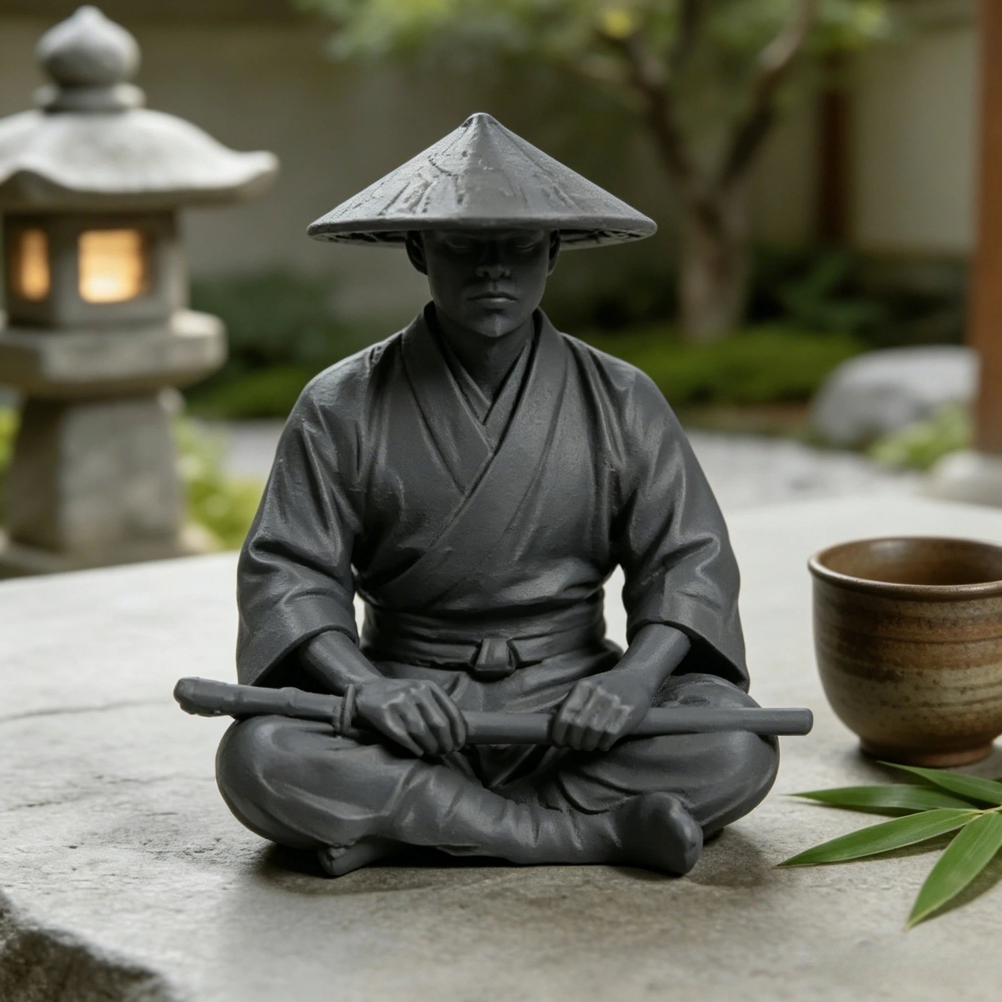Meditating Ronin Warrior Figurine - Straw Hat Samurai Sculpture, Japanese Zen Statue for Tea Table & Courtyard DecorGift Oasis Select DARK GRAY