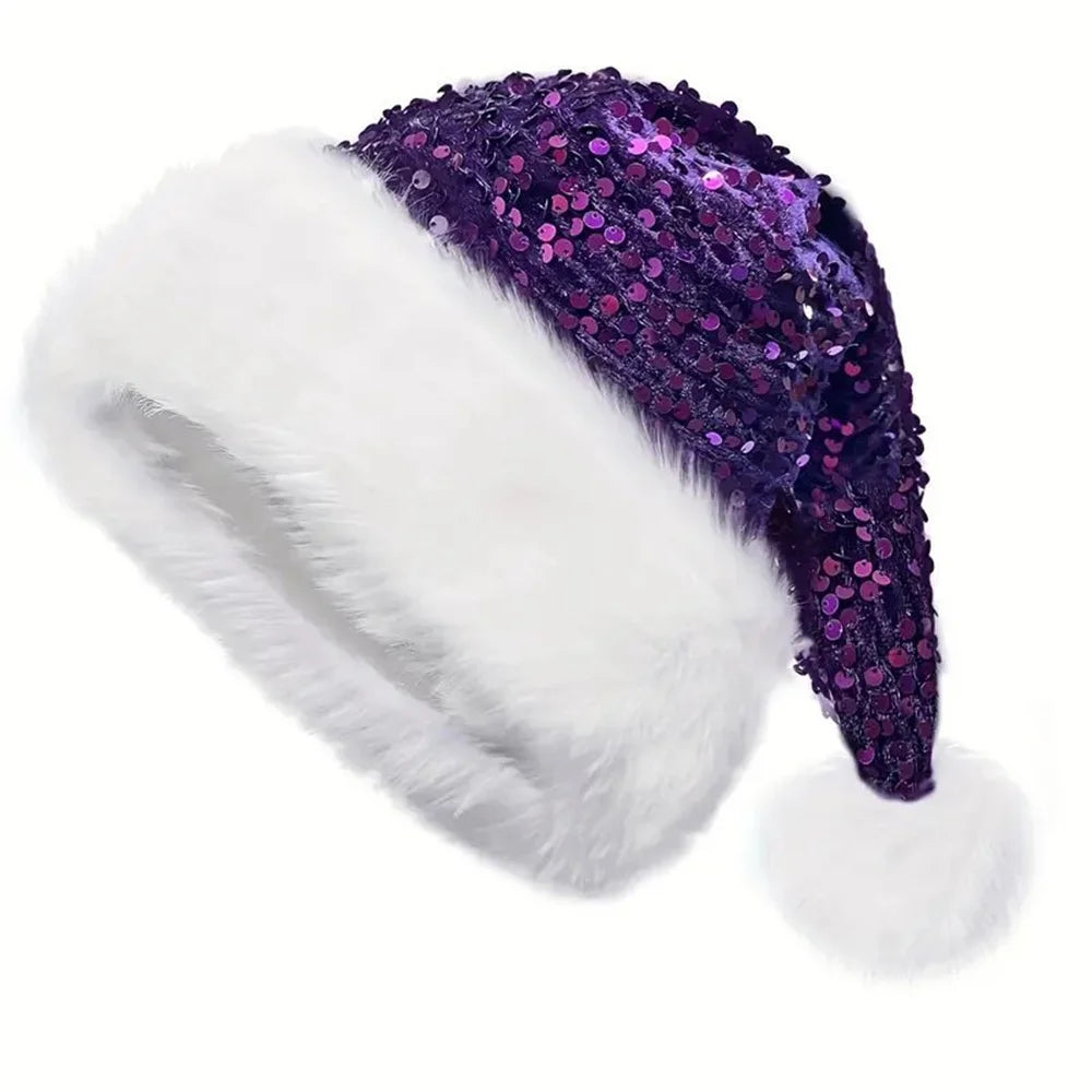 Double-Layer Sequin Santa Hat with Fluffy Pompom | Adults & Kids