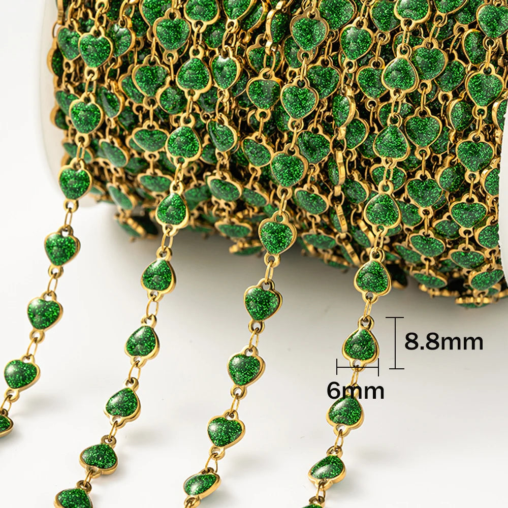 1meter Gold Plated Stainless Steel Colorful Enamel Heart Eye Chain for DIY Women Men Choker Bracelet Anklet Jewelry Making Oasis Select Heart Green