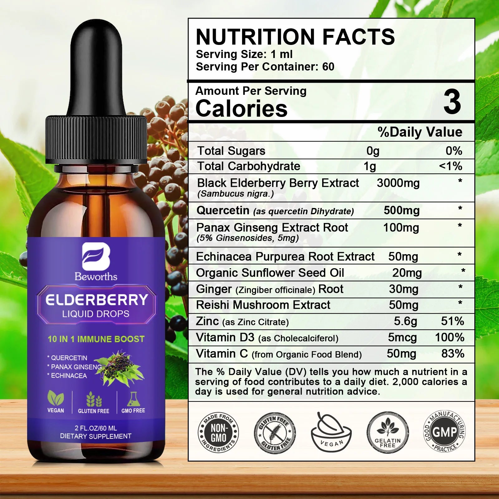 BEWORTHS Black Elderberry Drops with Vitamins C, D and Zinc Support Immunity and Heart Function Health Support Antioxidant Oasis Select