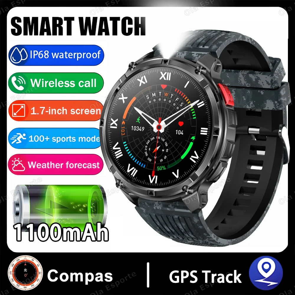 Rugged Military Smartwatch 1100mAh | Compass, Fitness & BT Calls