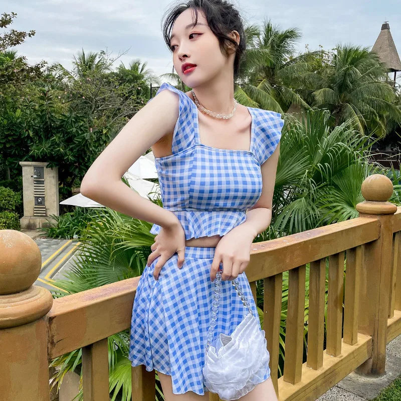 Swimsuit for women summer mini splitflat corner skirt style, hot spring cute girl, checkered student swimsuit Oasis Select Blue 85-59 kg