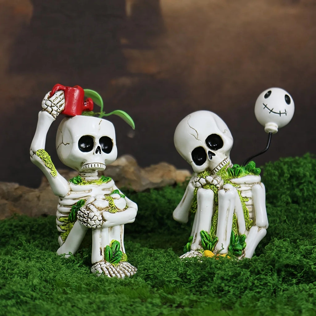 Outdoor Little Skeleton Thinking Statue Set of 2 Pieces, Fun Garden Skeleton Decorations, Suitable for Halloween in the House Oasis Select