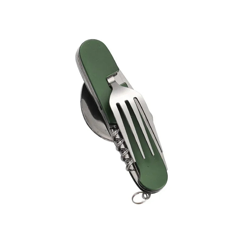 Foldable Spoon Knife Fork Bottle Tablespoon Set 4 in 1 Bottle Opener Stainless Steel Folding Pocket Kits Outdoor Camping Utensil Oasis Select Green