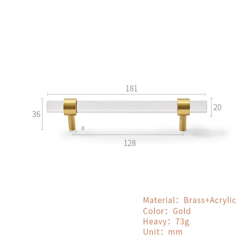 Brass Transparent Furniture Handles Modern Minimalist Acrylic Silver Gold Wardrobe Cupboards Dresser Drawer Kitchen Knobs Oasis Select A3-128mm