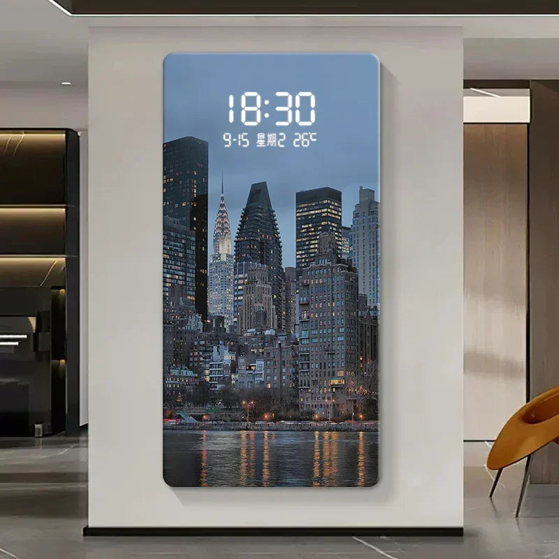 Led Electronic Wall Hanging Clock City Night View Human Body Sensing Decorative Painting Wall Clock Oasis Select