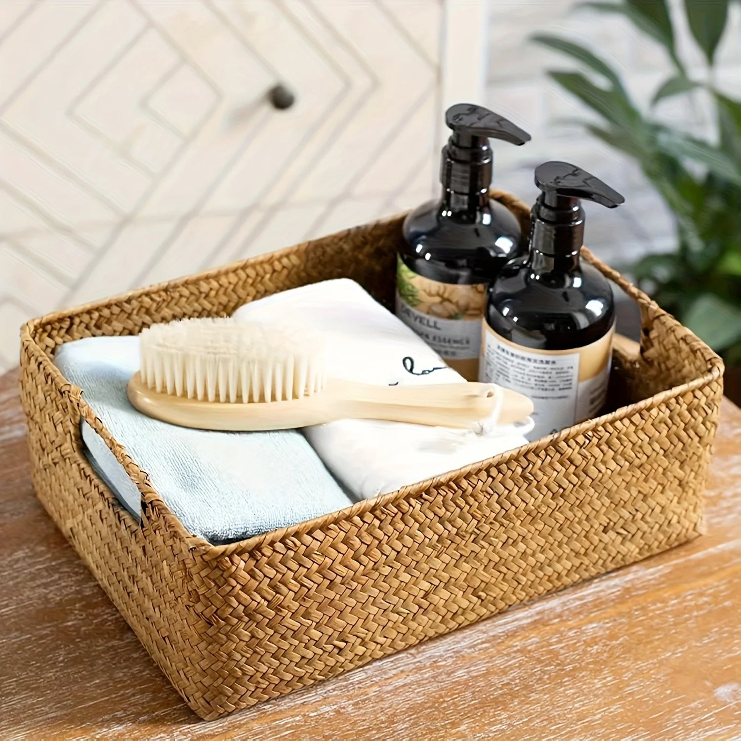 Handwoven Rattan Basket, Rectangular Storage Organizer for Bathroom Bedroom Living Room, Durable Wicker Decor Grocery Bag Holder Oasis Select