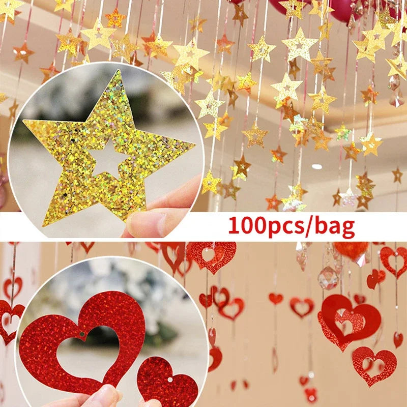 100pcs Gold Silver Paper Garland Star String Banners Kids Wall Backdrop Decorations Baby Shower Bright Home DIY Decor Supplies Oasis Select