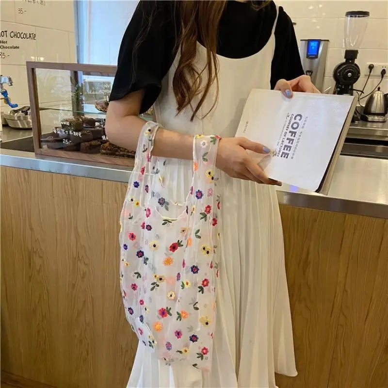 Mesh Embroidered Tote Bag with Colorful Flowers Perfect for Travel Home and Grocery Use Oasis Select