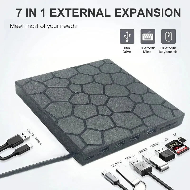 7 in 1 External CD/DVD Drive USB 3.0 Type C Portable DVD Player CD Burner External Disk Drive for Desktop Mac Windows Linux Oasis Select
