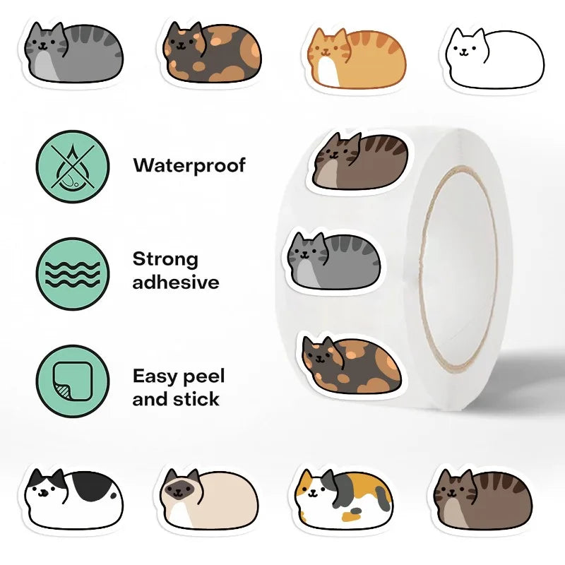 500Pcs A Roll Kawaii Cartoon Cat Roll Stickers – Waterproof Vinyl Decals for Laptop Luggage Skateboard & Phone Oasis Select