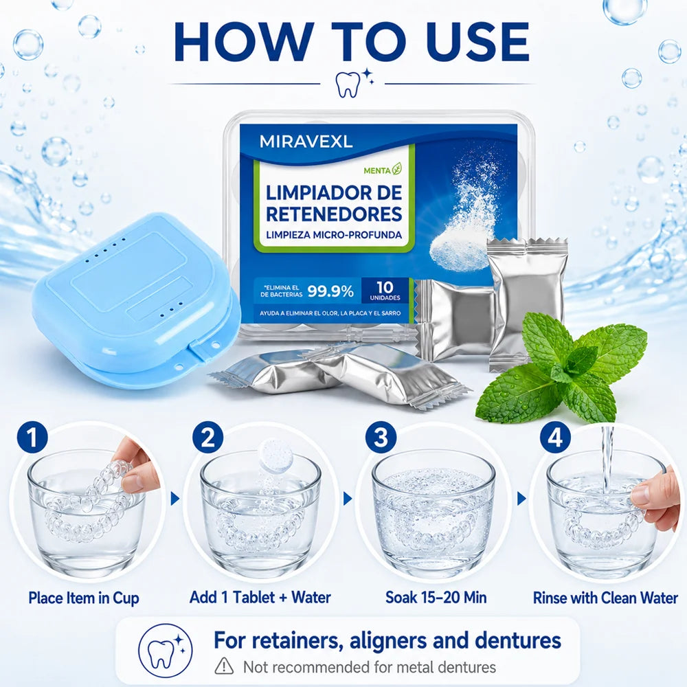 MIRAVEXL Denture Retainer Cleaning Effervescent Tablets And Storage Box Set Orthodontic Mouthguard Care Deep Clean Stain Removal Oasis Select
