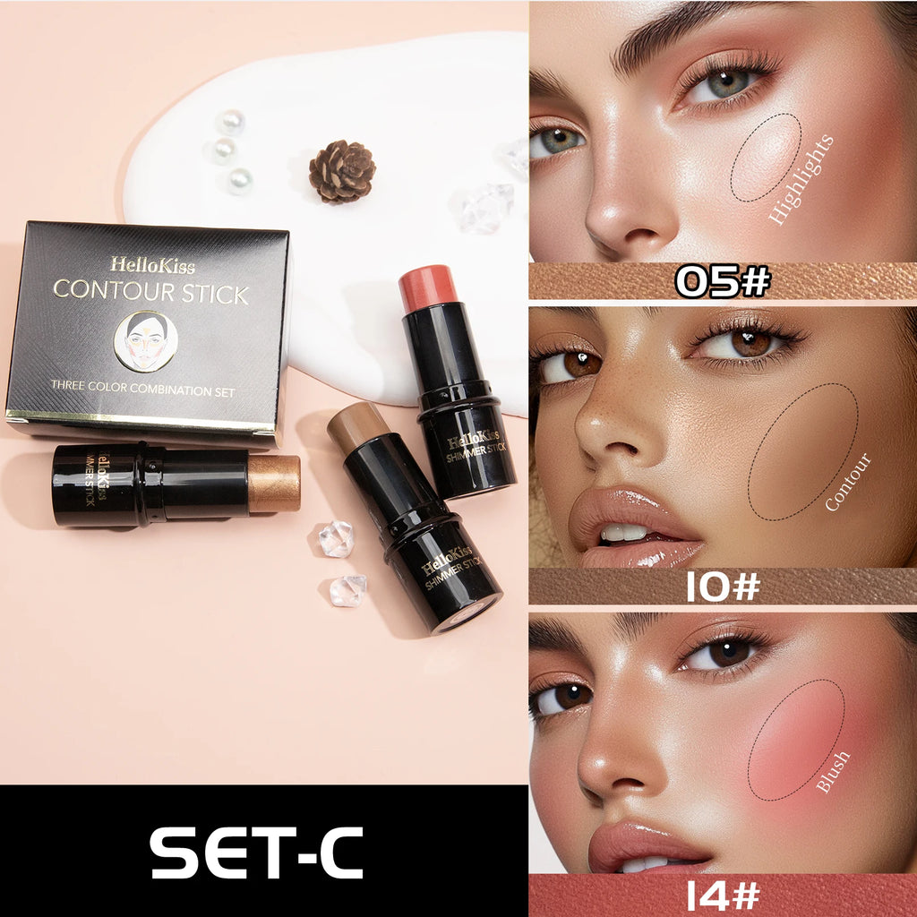 Hello Kiss 3-Piece Concealer Stick Set – Contour, Highlight & Blush