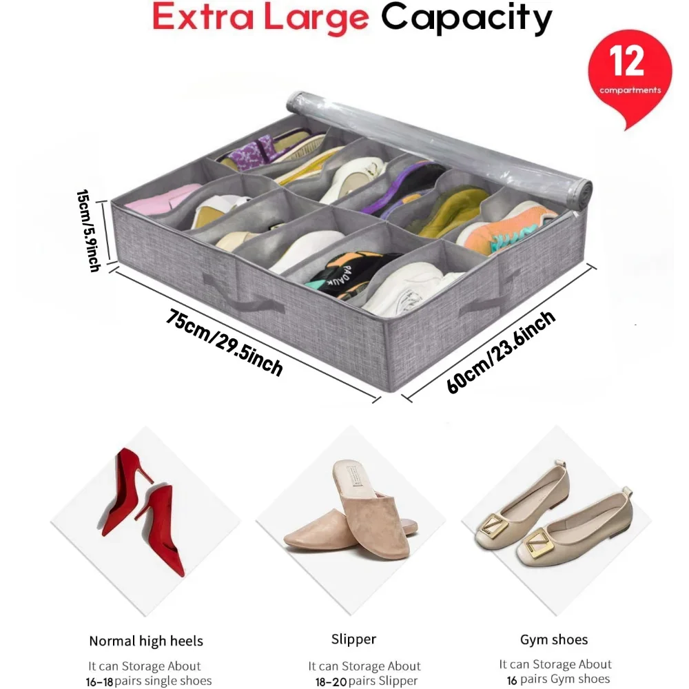 Shoe Storage Organizer Box with Reinforced Handles for Under Bed, Fit 12 Pairs, Collapsible Closet Underbed Shoes Container Bags Oasis Select