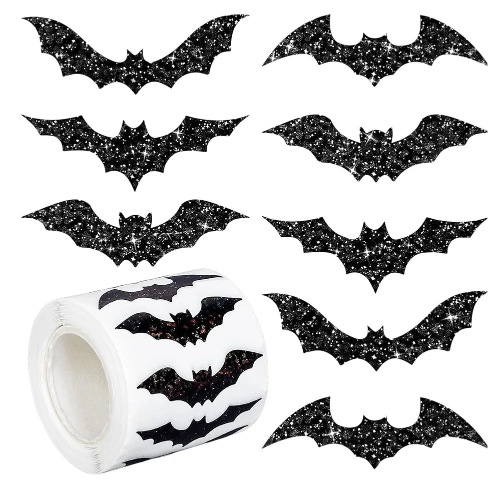 500pcs Halloween Bat Stickers Roll – Glitter Waterproof Decals Halloween Sticker Roll Oasis Select Black