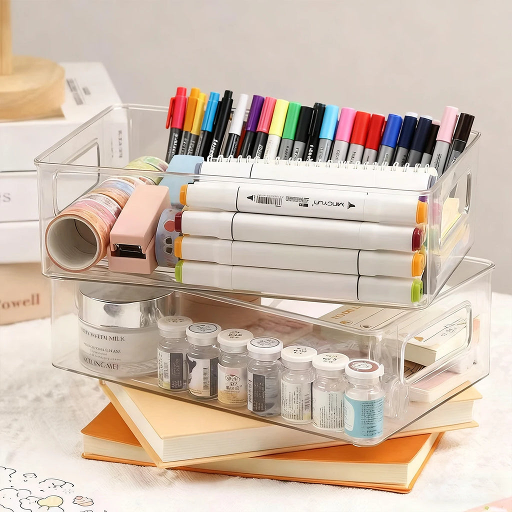 1pc/2pcs Handheld Stackable Acrylic Stationery Skincare Storage Box Desktop Cosmetics Bathroom Office Miscellaneous Storage Box Oasis Select