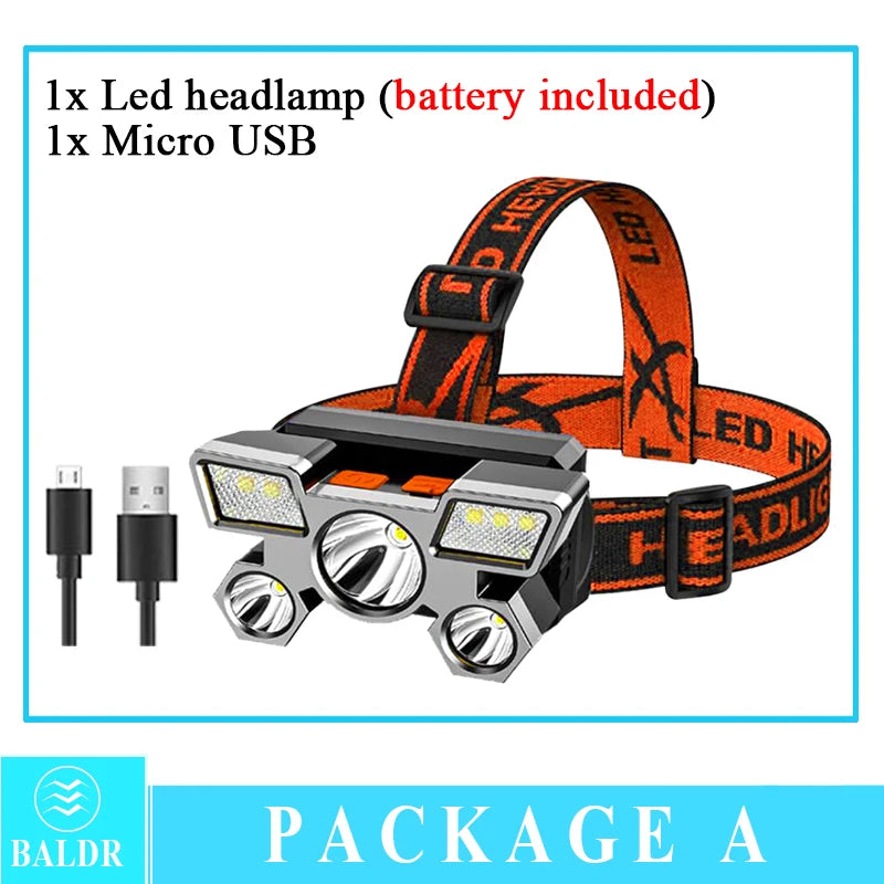 5 LED USB Rechargeable Headlamp – 4 Modes, Waterproof, 10W