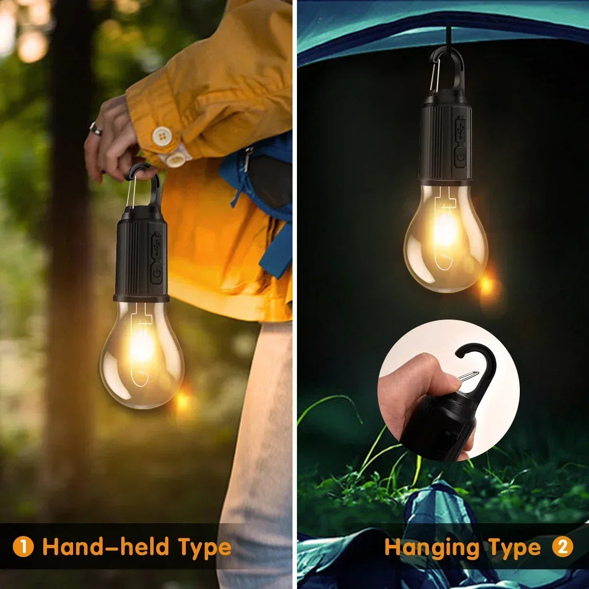 Portable LED Camping Light Type-C Charging Warm Light Camping Lamp with Hook Waterproof Lighting Lantern for Hiking Fishing Oasis Select