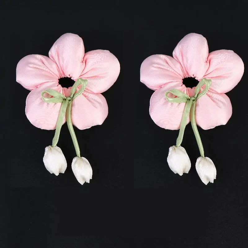 Cute Candy Color Flower Hair Tie Scrunchie Soft Fabric Elastic Ponytail Holder Lovely Hair Accessories For Girls Women Gift Oasis Select 2PCS Pink