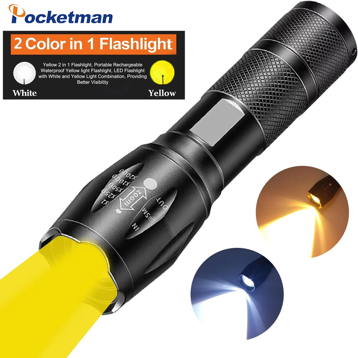 2-in-1 Flashlight Yellow & White Light Hight Lumen Amber Light for Fishing Flashlight, Camping,Emergency Dual Light Lamp Oasis Select