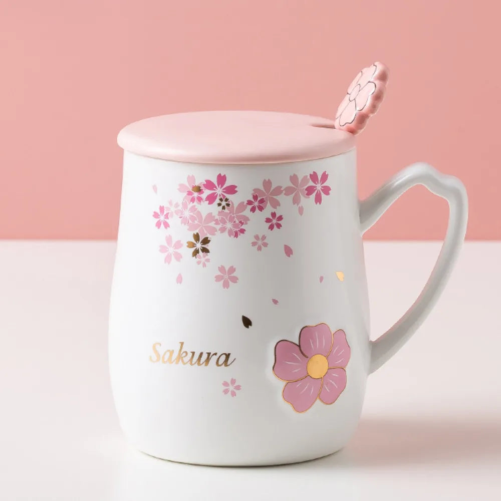 Relief Cherry Blossom Ceramic Mug With Lid Spoon Heat-resistant Mugs Milk Coffee Cup Couple Tea Juice Cups Drinkware Oasis Select 4