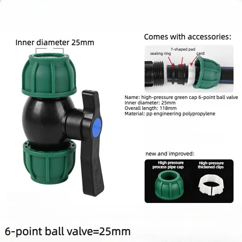 PE Ball Valve 4 Points 6 Points 1 Inch Water Pipe No Hot Melt Quick Connector Valve Switch Quick Connector Irrigation Joint Oasis Select 6 Points 25mm Upgrade Green Hat Ball valve
