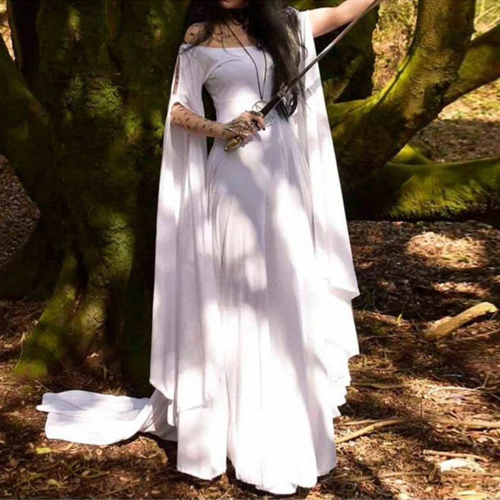 Women Halloween Dress Retro Cosplay Vintage Party Club Elegante Solid Off Shoulder Dress Maxi Funny Halloween Elf Dress Oasis Select White L