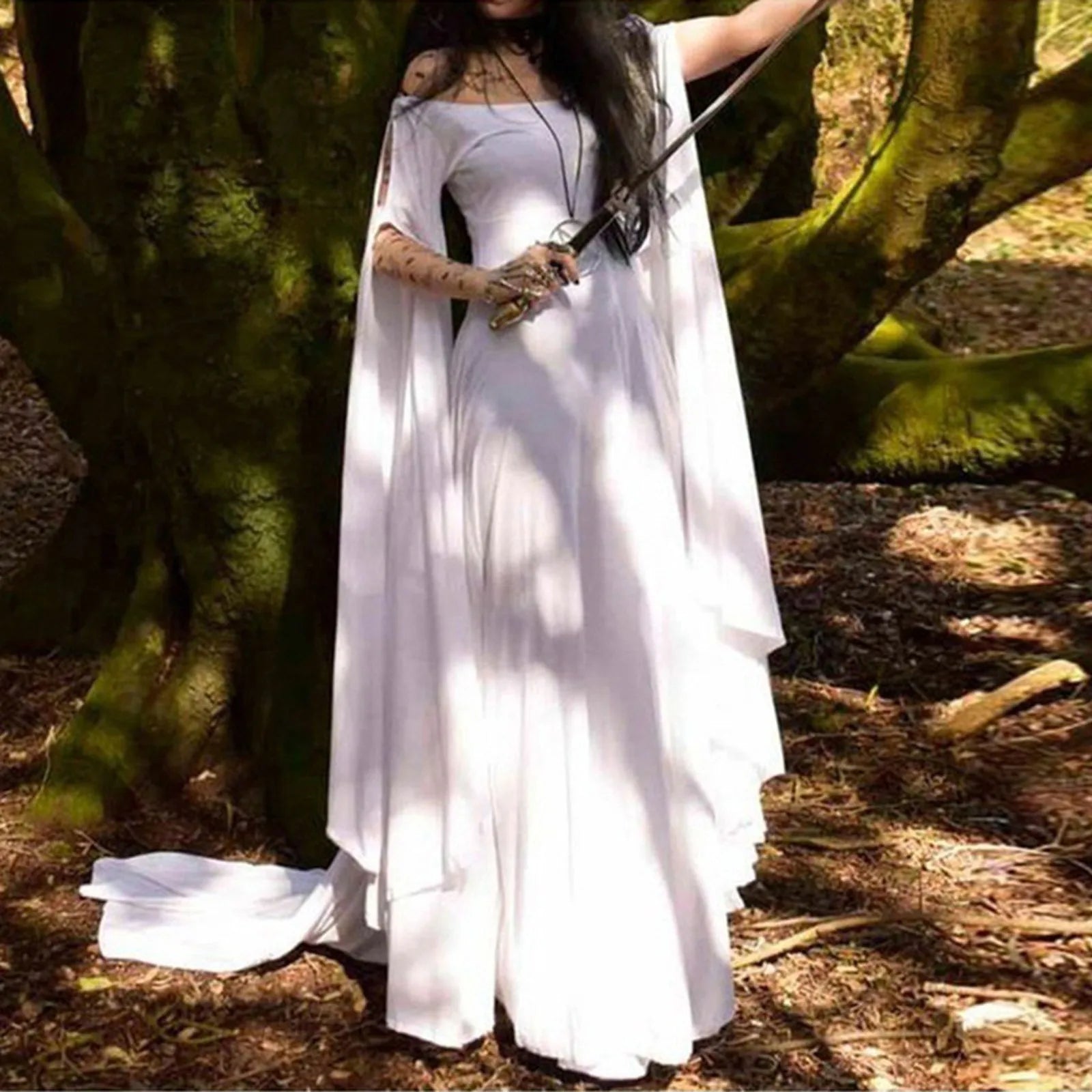 Women Halloween Dress Retro Cosplay Vintage Party Club Elegante Solid Off Shoulder Dress Maxi Funny Halloween Elf Dress Oasis Select White L