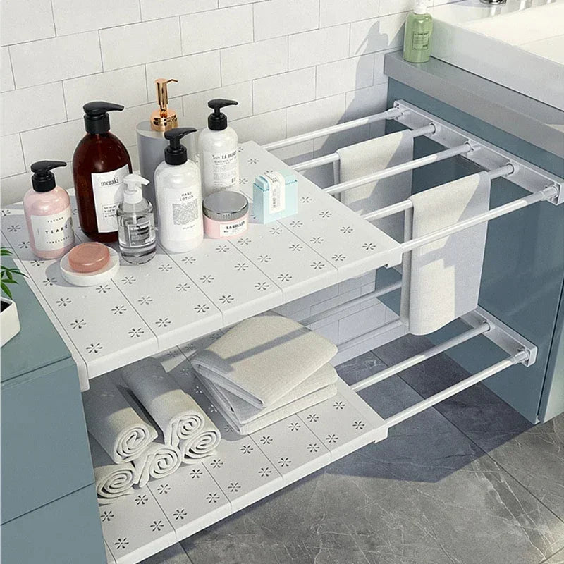 White Expandable Closet Divider, Punch-free Retractable Shelf Organizer for Wardrobe Kitchen Cabinet, Adjustable Storage Rack Oasis Select