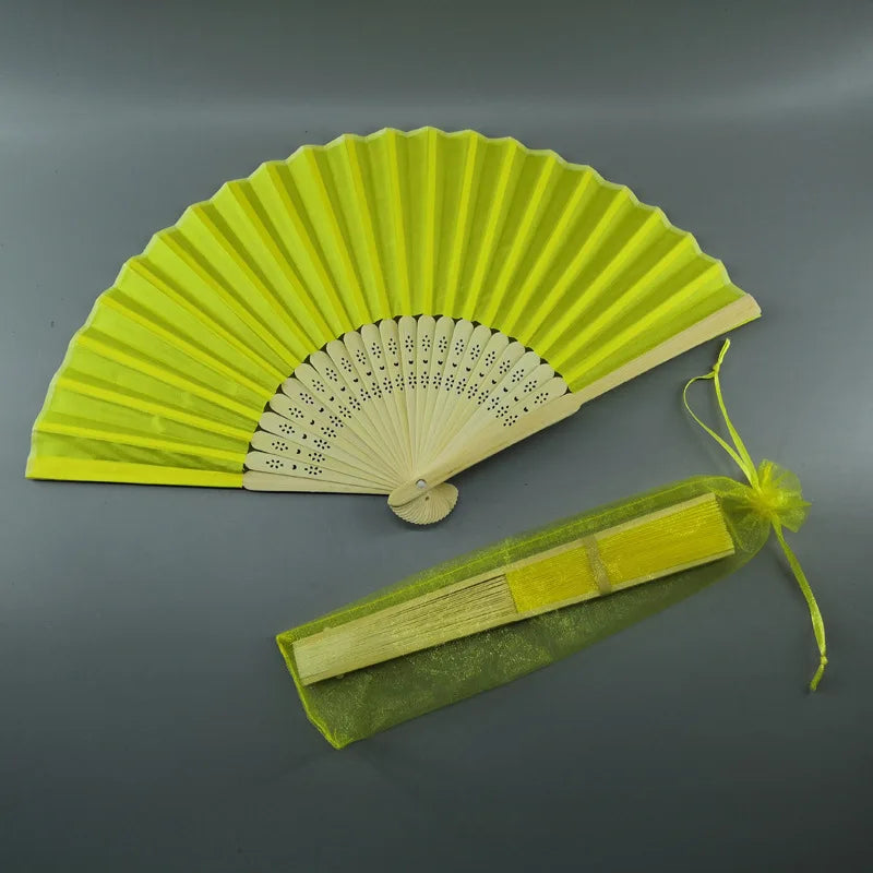 Hand Folding Fan with Organza Bag Bridal Shower Kids Christestening Favors Wholesale Bamboo Fabric Handheld Fans Oasis Select Yellow