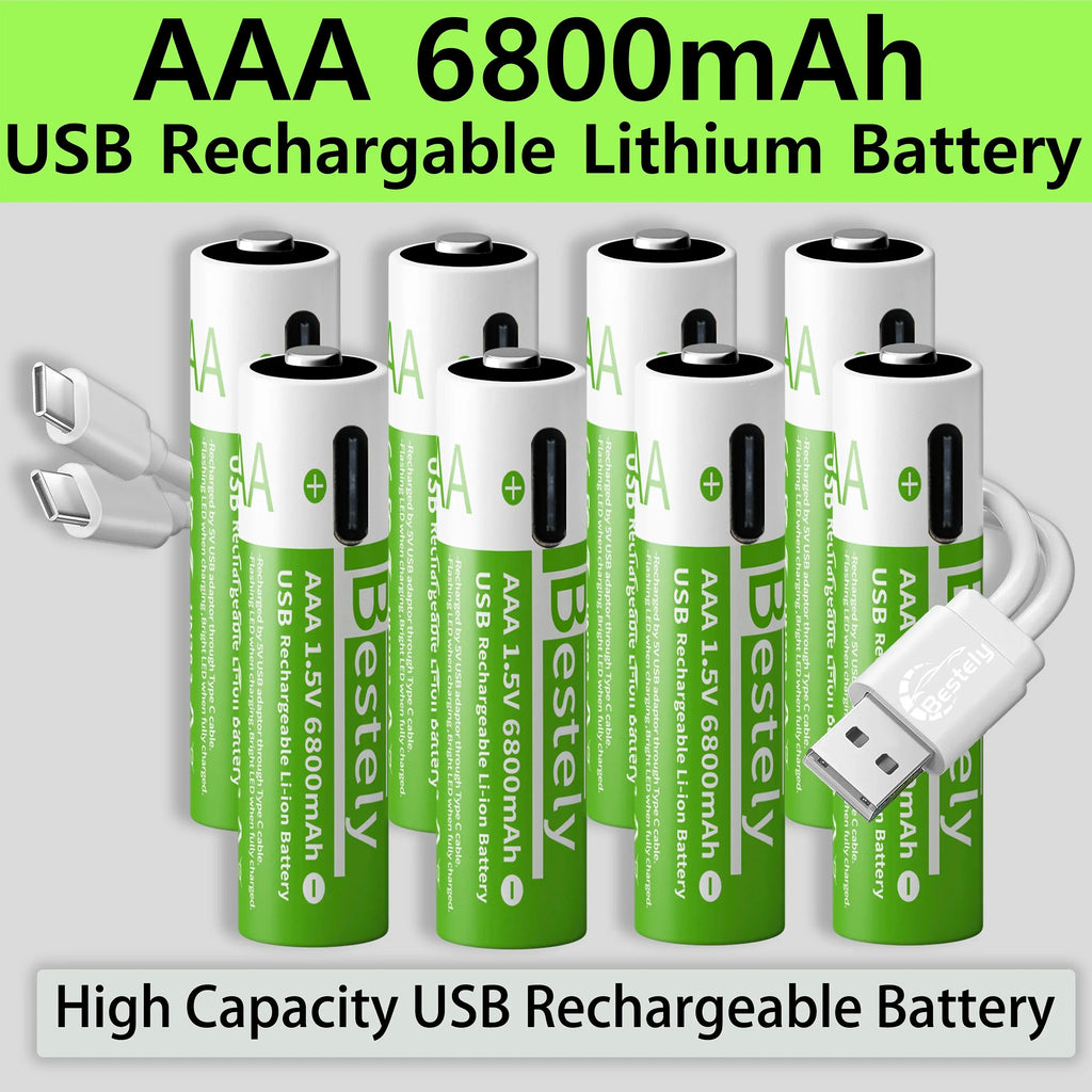 New Rechargeable 1.5v AAA Lithium Batteries 6800mAh Capacity, USB-C AAA Li-ion Battery 2000 times cycle with cable for free Oasis Select