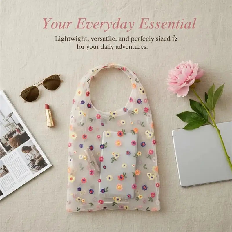 Mesh Embroidered Tote Bag with Colorful Flowers Perfect for Travel Home and Grocery Use Oasis Select