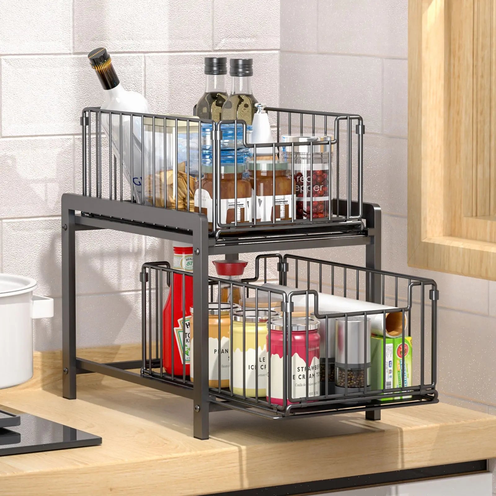 Cabinet drawer rack, kitchen supplies storage basket, layered seasoning, under dishes, sink, pull storage box Oasis Select