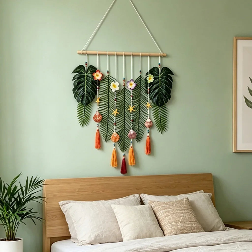 Boho Forest Leaf Wall Tapestry | Handwoven Cotton Wall Hanging