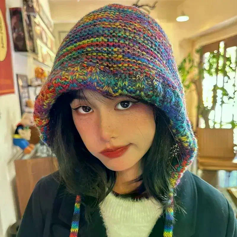 Rainbow Striped Knit Beanie Hat – Women's Winter Ear Warm Cap