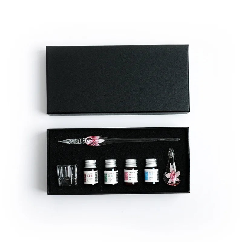 Embedded flower glass pen set, colored dipping pen, street vendor gift box, signature pen, glass pen gift Oasis Select black
