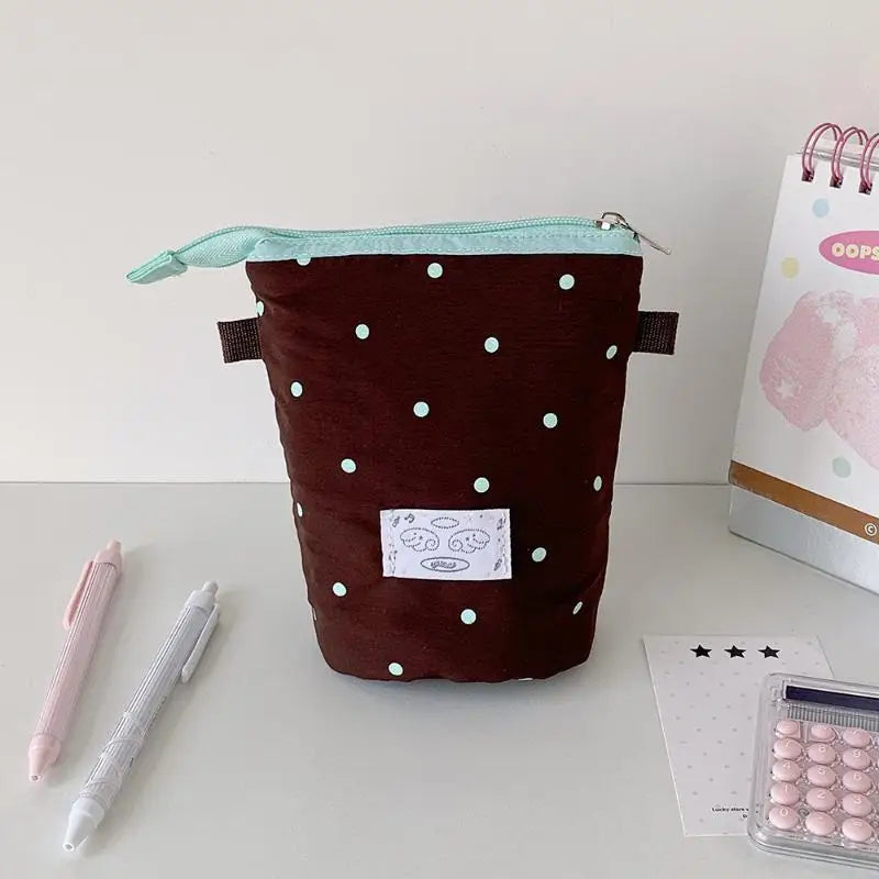 1Pcs Cute Polka Dot Solid Color Stationery Pencil Case Student Two Way Desktop Pen Holder Portable Organizer Bag ﻿ Oasis Select Coffee