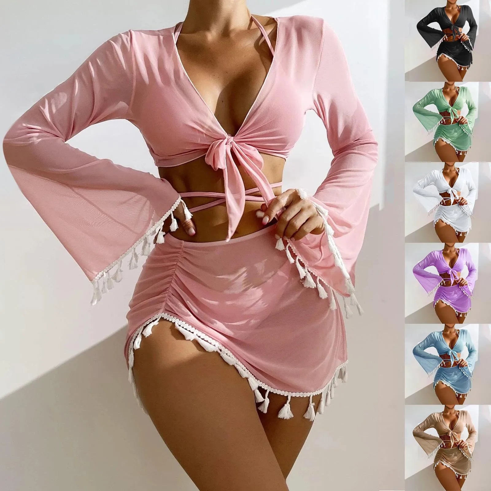 Solid Color Sexy Fashion Slim Fitting Beach Swimwear For Lady Split Lightweight Strap High Waist Pleated Cover-up Four-Piece Set Oasis Select