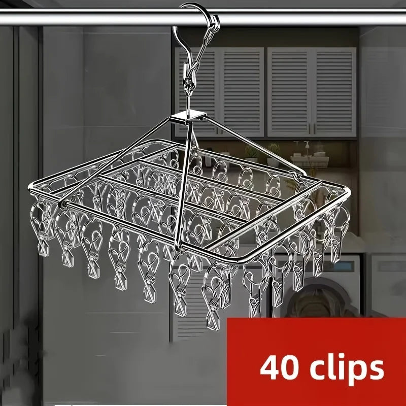 Stainless Steel Laundry Clothes Rack with Clip, Polished Metal Rotating Hook, Windproof Lock Design, Detachable Clip Oasis Select