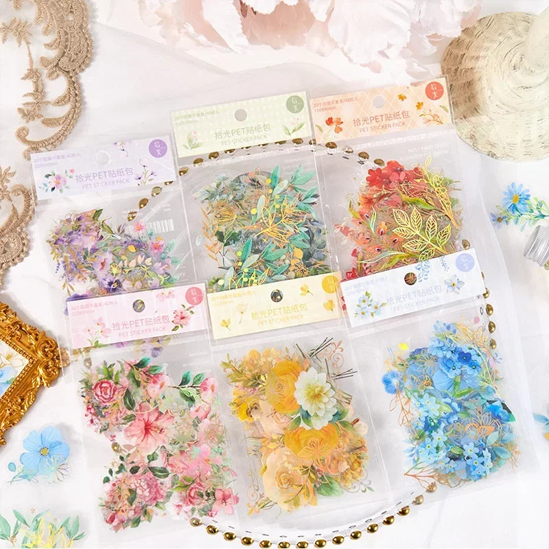 40Pcs/Bag Aesthetic Flower Stickers Pack Fresh Plant Hand Account DIY Material Decorative Stationery Stickers for Party Favors Oasis Select