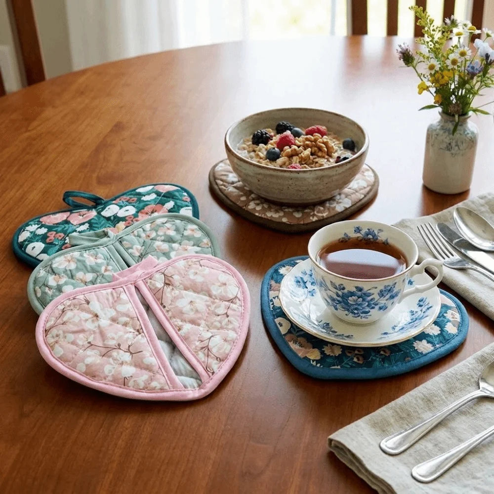 Heart-Shaped Cotton Oven Mitts | Non-Slip BBQ Gloves 1 Pair